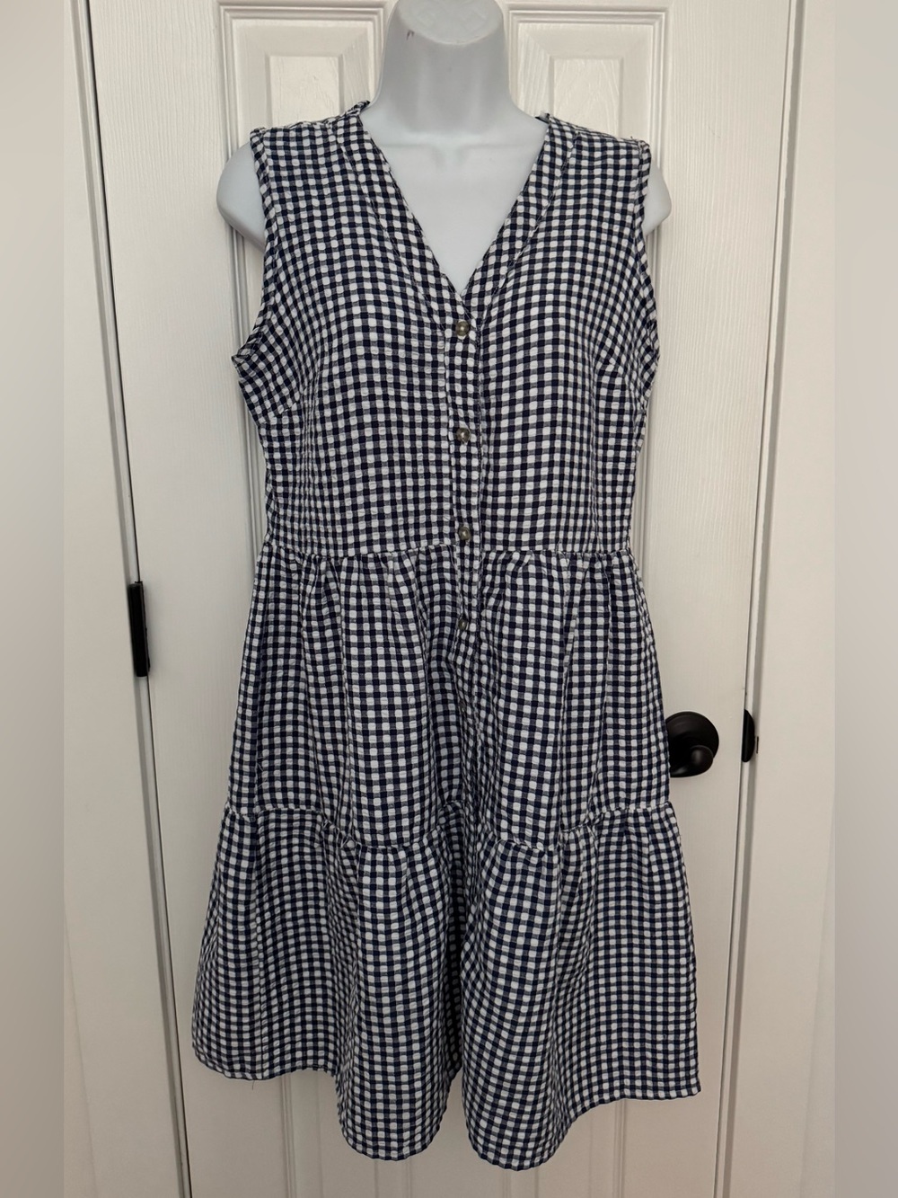 Sleeveless Navy Gingham Tiered Button-Front Dress